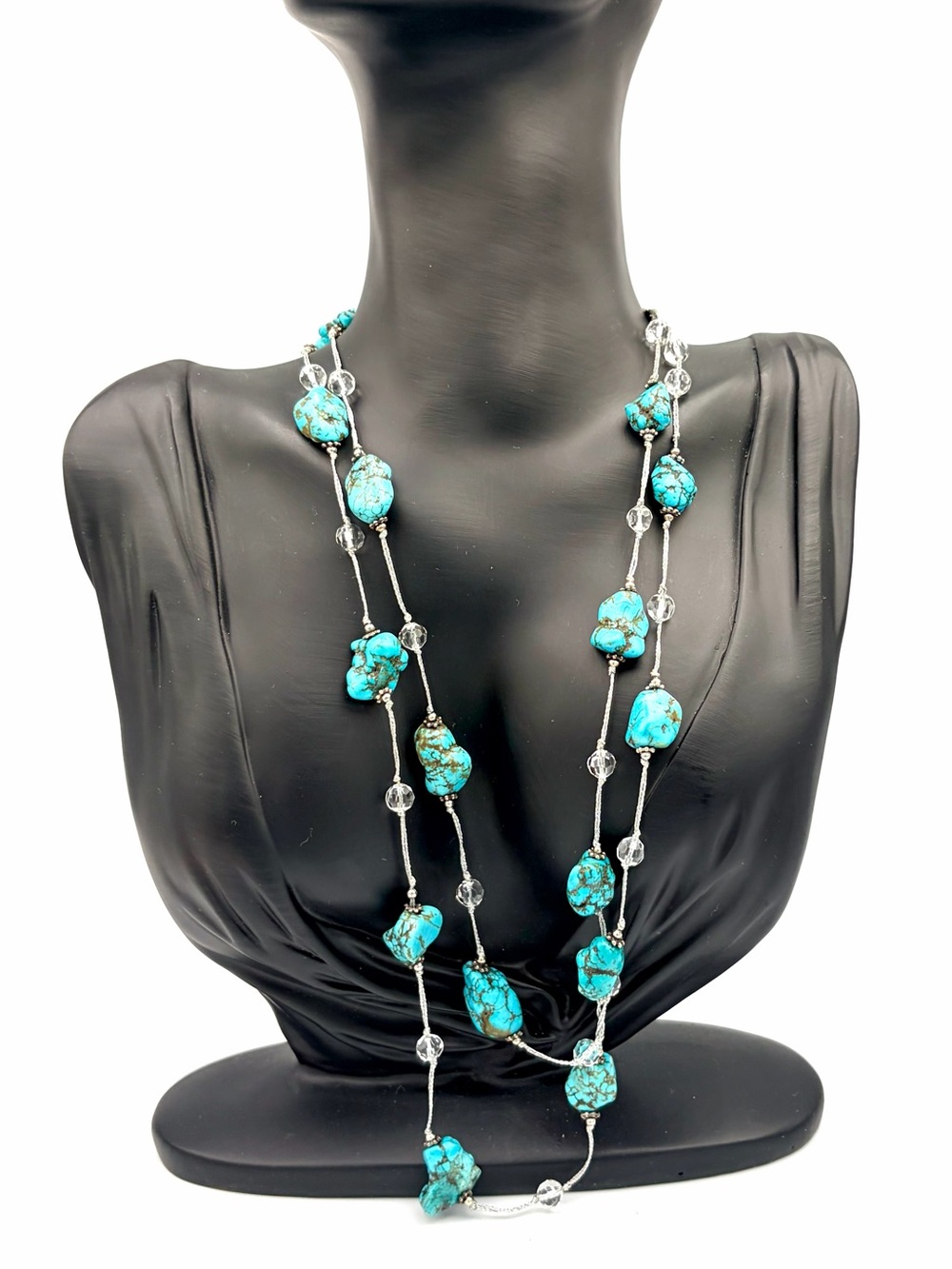Boutique Turquoise Long Layered Necklace - Raw Turquoise Bead and Crystal